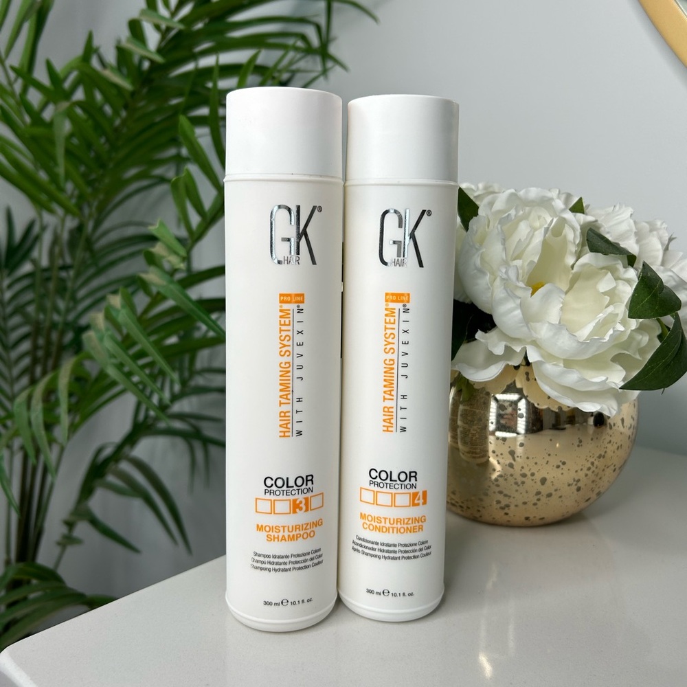 GK hair Global keratin Moisturizing/color protecting shampoo and conditioner.